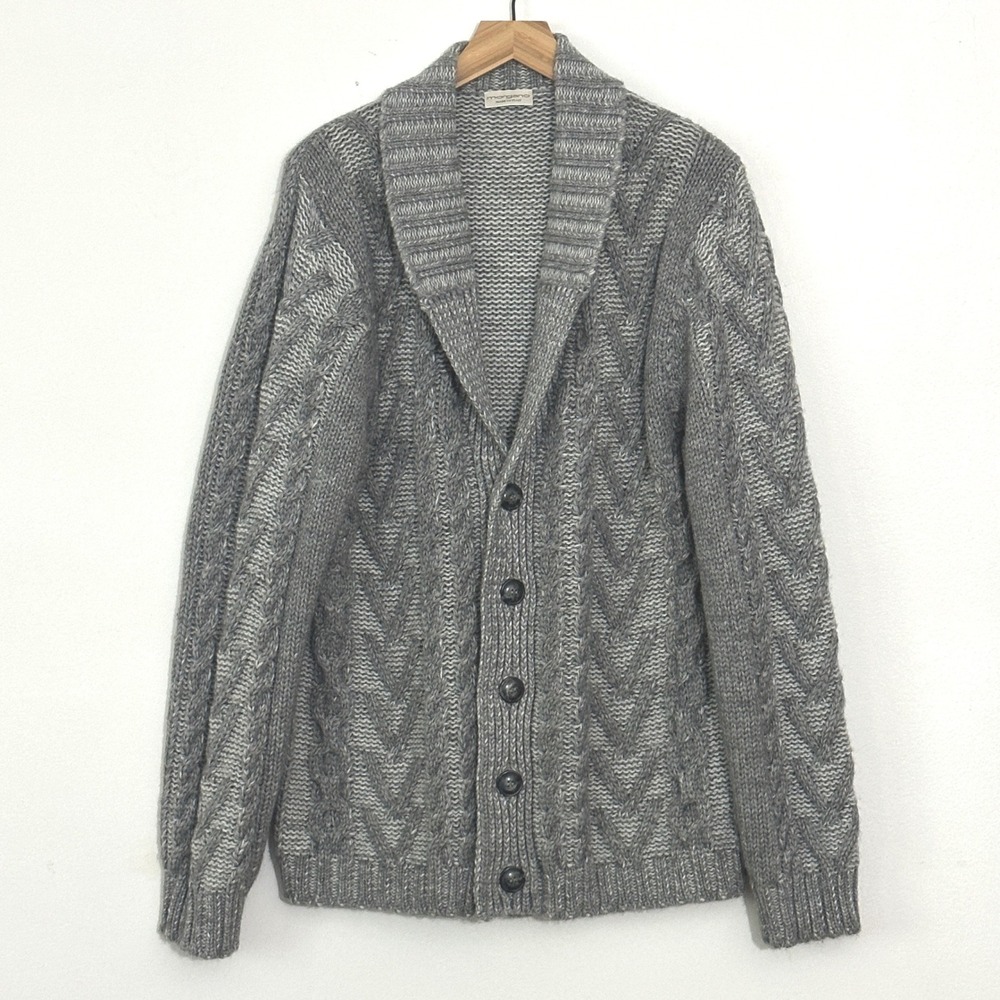 Morgano Italy Men Sweater L Gray Alpaca Merino Cable Cardigan Heritage Luxury
